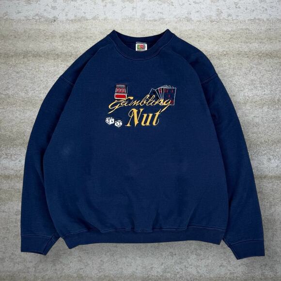 Fruit of the Loom Other - Vintage Gambling Nut Sweatshirt Navy Blue Cotton Pullover Crewneck FOTL 90s